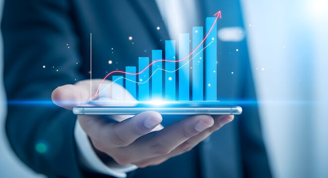 Closeup of a hand holding a smartphone with a rising bar graph and arrow, representing business growth and success
