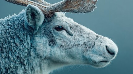 Profile of a frosted reindeer's face, antlers visible against blue