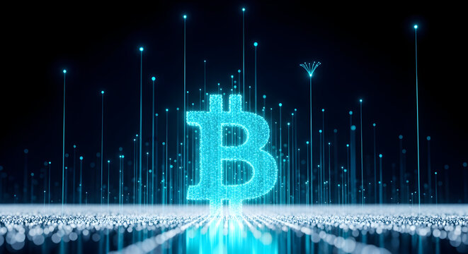 Bitcoin symbol glowing in a digital space, representing cryptocurrency and blockchain technology concept