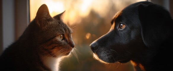 Dog and cat sit opposite by sunlit window sharing cozy warm rays together.