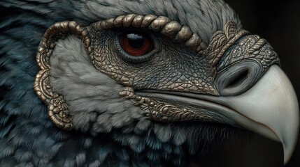 Intricate close-up of a fantastical bird's regal head, detailed textures