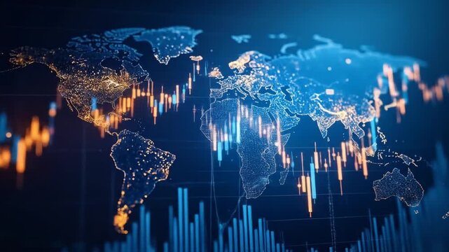 Global Financial Market Data Visualization with World Map and Stock Charts Orange and Blue Lights