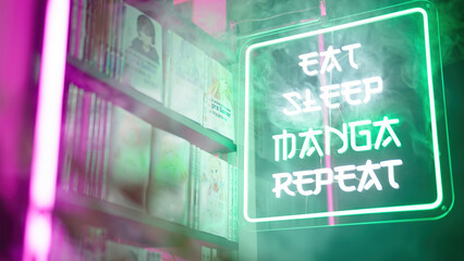 Futuristic neon sign Eat Sleep Manga Repeat beside manga comics shelf with cute anime gamer girls and maid girls covers