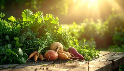Close-up of organic farm produce arranged on a weathered wooden table — fresh herbs, leafy greens, and root vegetables under golden daylight, earthy texture focus