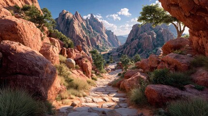 Scenic Mountain Path Through Red Rock Canyon Under Sunny Sky