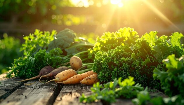 Close-up of organic farm produce arranged on a weathered wooden table — fresh herbs, leafy greens, and root vegetables under golden daylight, earthy texture focus - Powered by Adobe