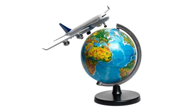 Small airplane model flying above miniature world globe isolated on transparent background.