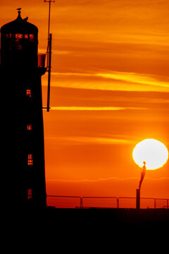 Sunset Reach: Lighthouse and Silhouetted Figure at Scarborough Coast