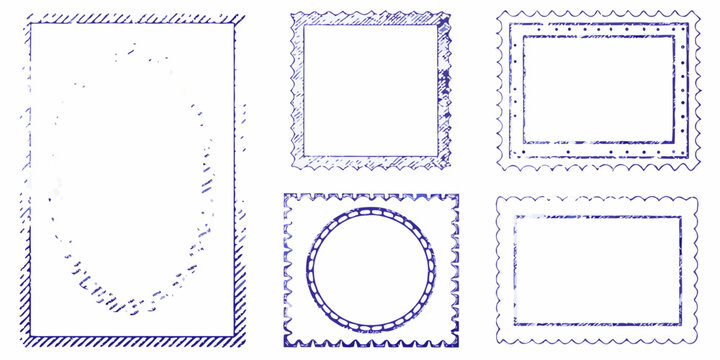Collection of five distressed blue postage stamp frames with perforated edges and varied designs