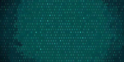 Abstract digital background with glowing binary code on a dark textured teal backdrop