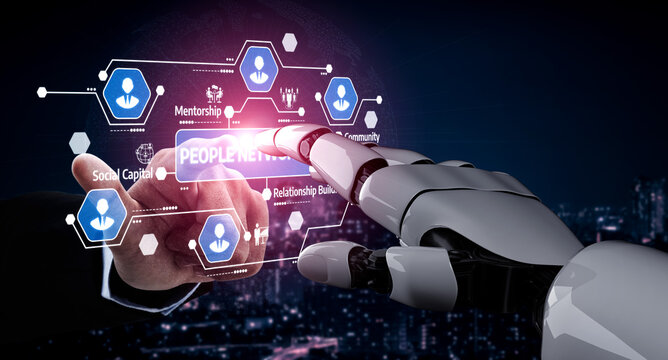 A captivating image illustrating the interaction between a robotic hand and a human hand, symbolizing the merging of technology and business networking in the digital age. Tessel