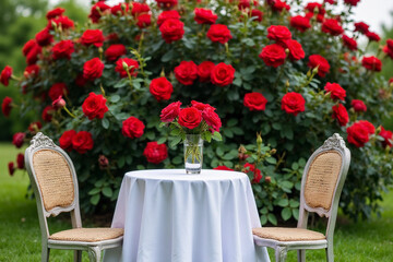 A table with a white tablecloth for two with a vase with a bouquet of red roses, two chairs in the garden against the backdrop of a huge bush of blooming roses. 3d rendering.