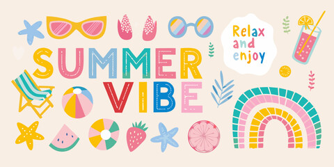 Summer vibe colorful hand drawn elements and text for vacation and relaxation