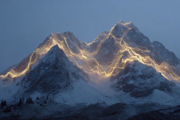 Obraz premium A glowing golden thread spread across mountain peaks, symbolizing unity and divine connection.