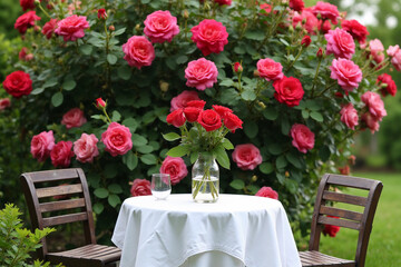 A table with a white tablecloth for two with a vase with a bouquet of red roses, two chairs in the garden against the backdrop of a huge bush of blooming roses. 3d rendering.