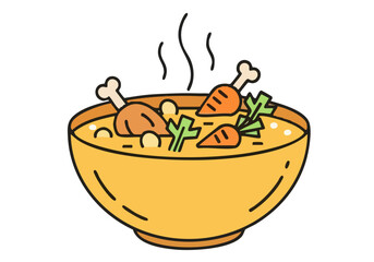 A charming soup bowl icon featuring chicken, carrots, and herbs. Warm colors and steam create a comforting visual. Ideal for food-related designs and illustrations.