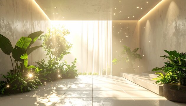 Serene minimalist space filled with diffused light, soft glowing plants, and floating sparkles portraying tranquility and magical mental wellness