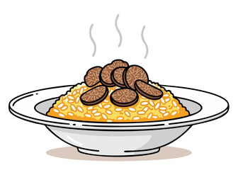 A steaming plate of risotto adorned with black truffles.  Rich, golden risotto sits on a white plate, emitting steam.  A sophisticated and appetizing food image.