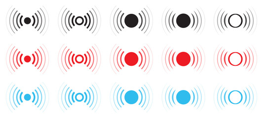 Set of wireless signal vector icons in black, red, and blue colors. Radar and sonar signal. Wi-Fi, network, connection, technology, communication, or radio signal. Vector illustration.