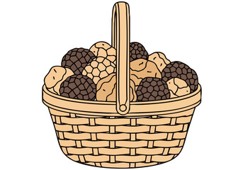 A stylish wicker basket overflows with luxurious truffles.  Modern, minimalist illustration. Perfect for food, luxury, or gift concepts.