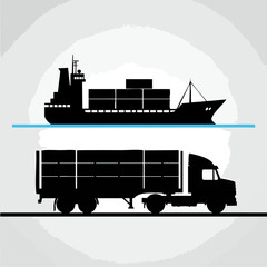 Obraz premium Transportation of goods by sea and land, cargo ship and truck silhouette.