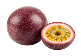 Juicy passion fruit halved revealing vibrant tropical seeds