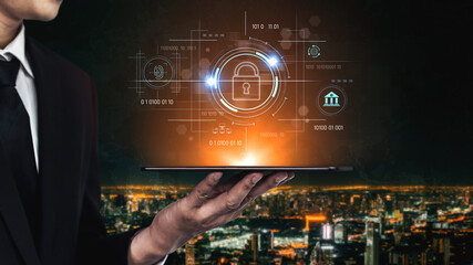 Cybersecurity system interface with biometric lock and data protection. Cybersecurity protects access, identity, cyber security prevents threats, and cyber security supports digital systems. Vouch