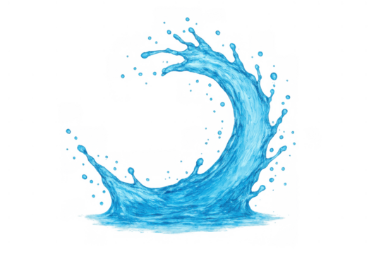 Blue water splash wave forming a dynamic arc, portraying freshness, motion, and liquid energy on transparent background