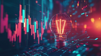 Illuminated lightbulb on circuit board with financial chart background.