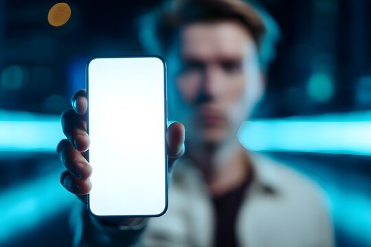 A hand holds a smartphone with a blank screen in front of a blue blurred background.