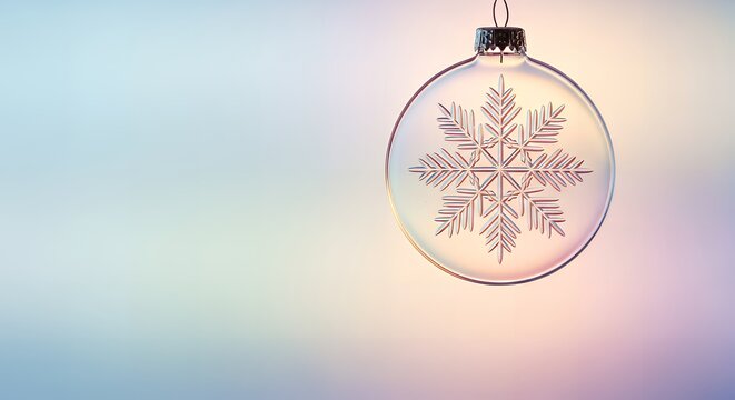 Elegant glass Christmas ornament with snowflake detail on soft pastel gradient background