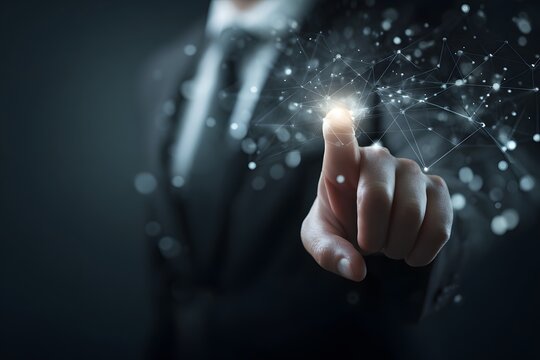 A person touches a network of light points and connections on a dark background.