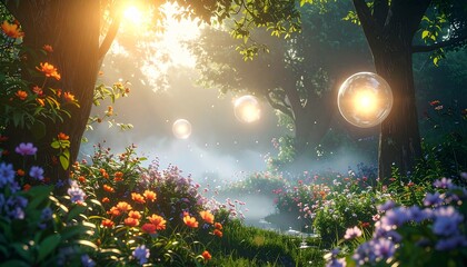 Magical garden scene with radiant flowers and soft mist, glowing orbs hovering gently to represent calm mind and emotional balance