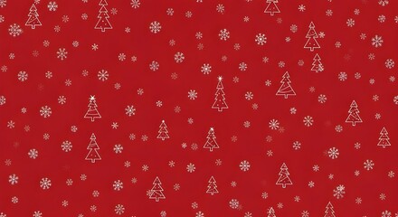 Festive christmas background with handdrawn snowflakes and christmas trees on a red backdrop, creating a cheerful and cozy holiday atmosphere for designs