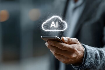 Hand holding phone with glowing AI cloud technology above.