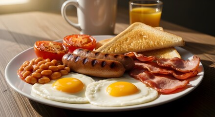 Classic english breakfast featuring fried eggs, bacon, sausage, beans, tomatoes, and toast, accompanied by coffee and orange juice on a wooden table