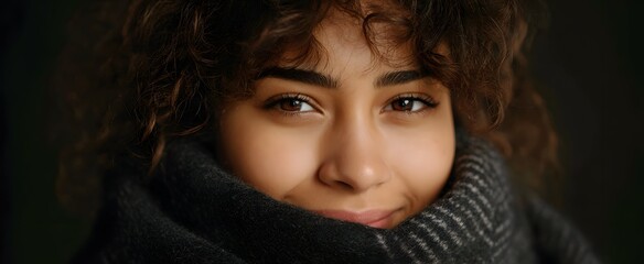 The face with a half-hidden smile peeks from beneath a cozy scarf.