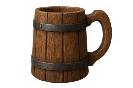 Wooden beer mug or tankard featuring metal bands, old drinking vessel, rustic style, transparent background