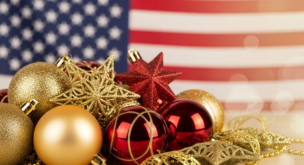 Sparkling holiday ornaments adorn USA flag background, celebrating national festive spirit