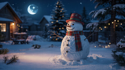 A snowman in the snowy yard glows under moonlight