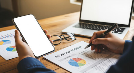 Man analyzing monthly budget report with laptop and smartphone on wooden desk, showcasing financial planning and technology integration for business success