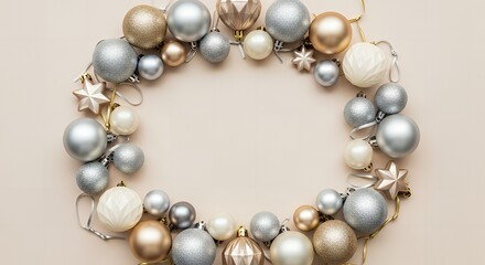 Elegant gold and silver Christmas ornaments frame festive holiday greeting space