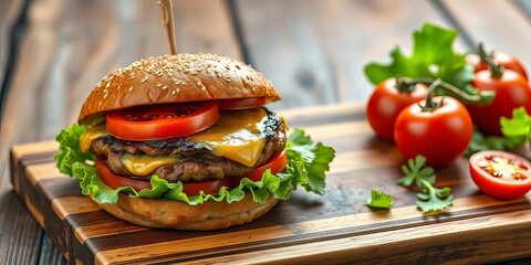 Juicy grilled burger on rustic wood cutting board with fresh tomatoes and lettuce, cheese, deliciousness