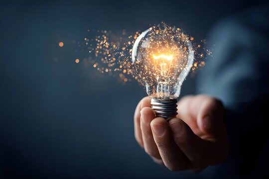 A bright light bulb glows with sparkling particles while held in a hand.