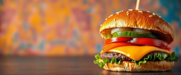 Close-up of juicy burger on vibrant background, onion, burger