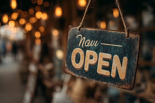 A weathered Now Open sign hangs invitingly in front of a warmly lit establishment, signaling it is ready for visitors.