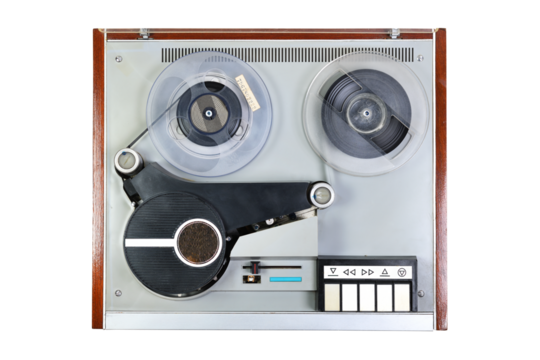 Vintage reel-to-reel video tape recorder isolated on white background.