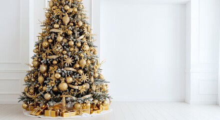 Elegant gold Christmas tree with gifts, creating a luxurious holiday atmosphere