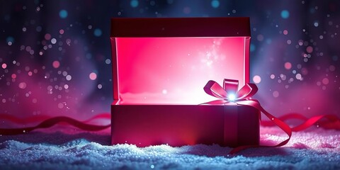 Crimson open gift box, glowing ethereal light inside, sparkle, mystery