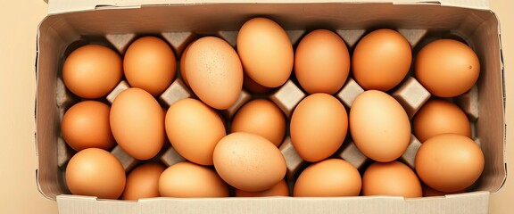 A dozen brown eggs nestled in a cardboard carton on a beige backdrop,  wholesome,  box